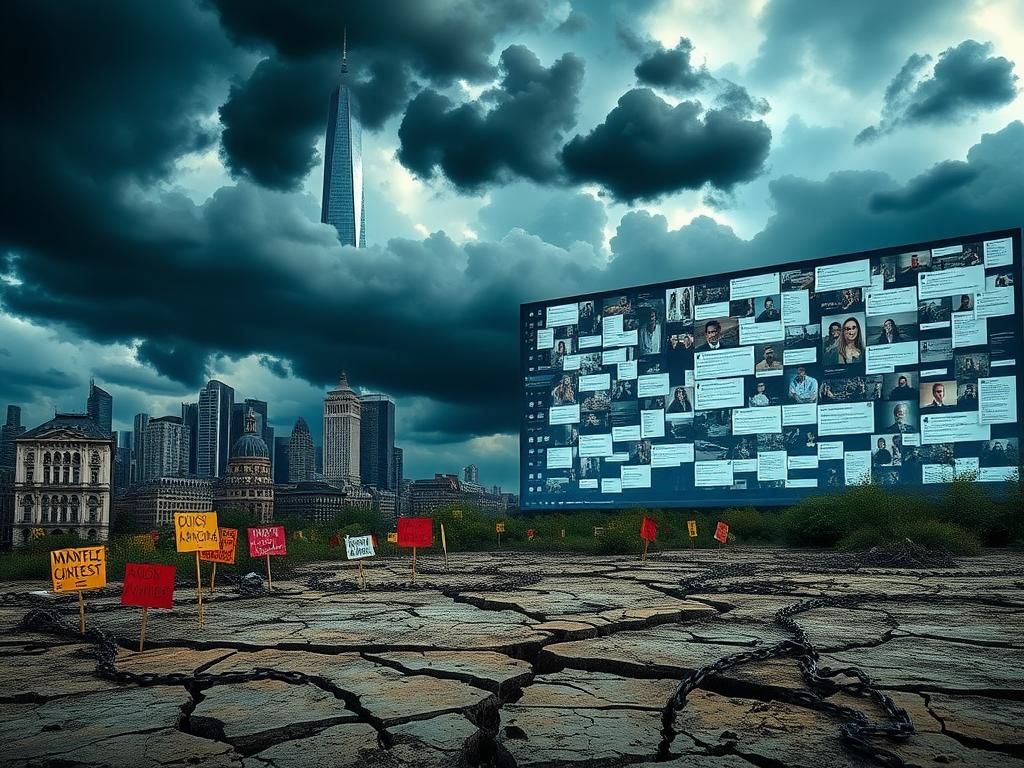 Flick International Surreal landscape showing urban cityscapes overshadowed by storm clouds