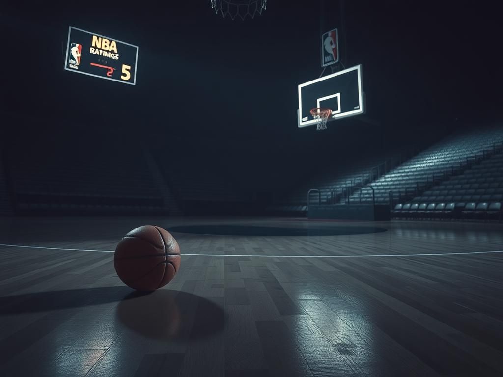 Flick International Dimly lit basketball court with a basketball resting near the free-throw line and a flickering scoreboard