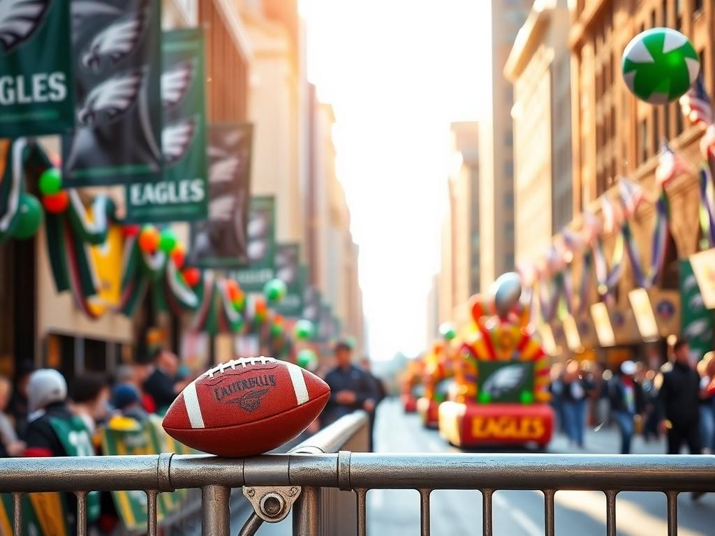 Flick International Colorful Eagles Super Bowl victory parade scene with team banners and decorations