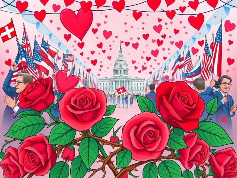 Flick International Colorful illustration of political roses and thorns on Valentine's Day