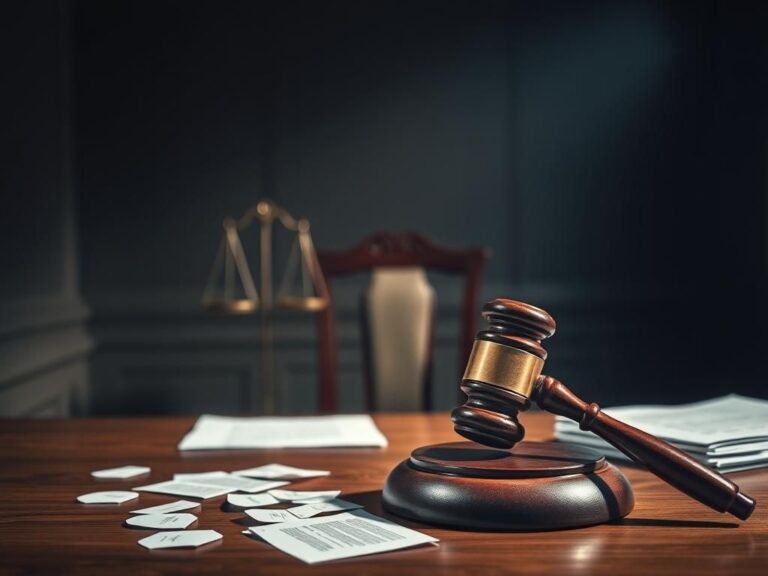 Flick International Dimly lit courtroom scene with legal documents and gavel emphasizing the serious nature of justice