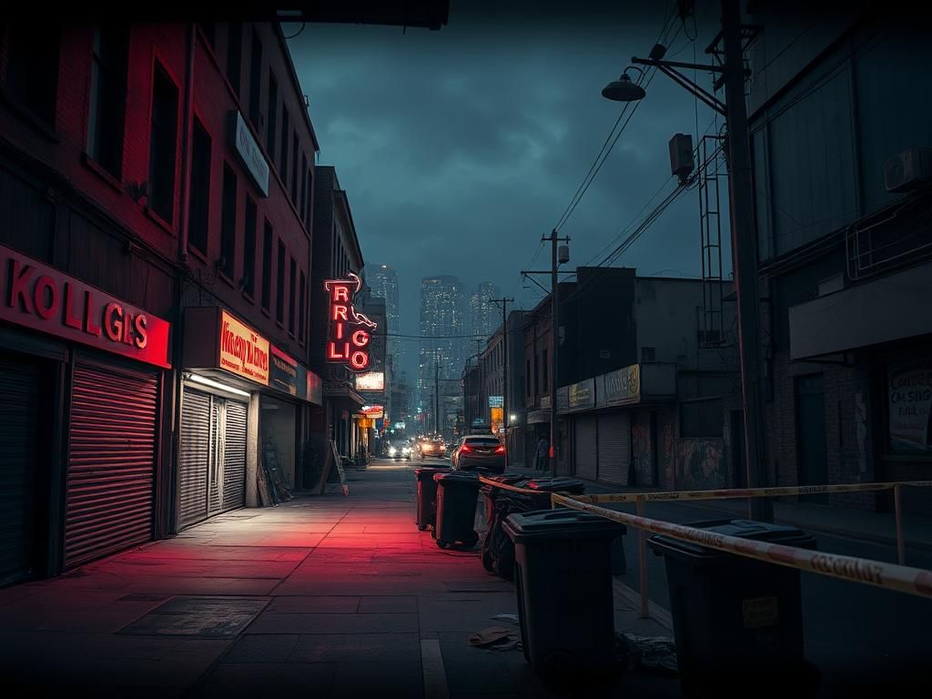 Flick International Dimly lit urban street at night resembling a neglected 'red light' district