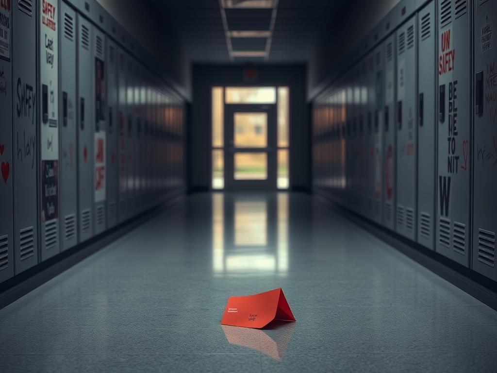 Flick International A dimly lit school hallway with lockers and a crumpled Valentine’s Day card on the floor