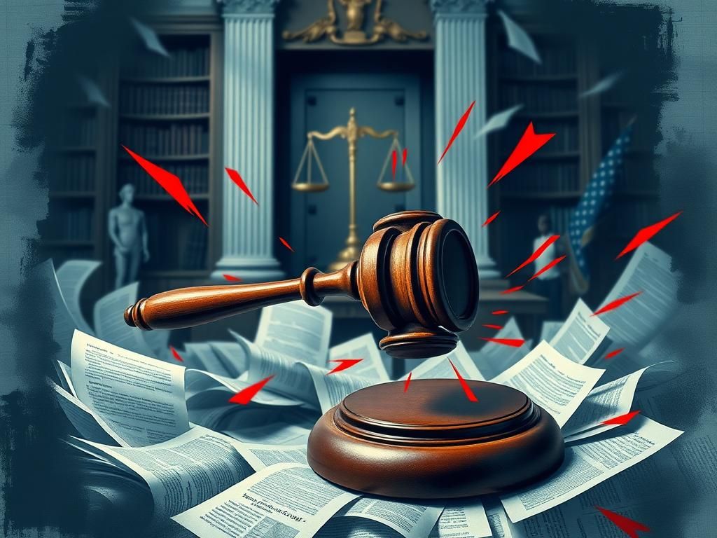 Flick International Artistic representation of a gavel striking a sounding block amidst chaotic legal documents and headlines