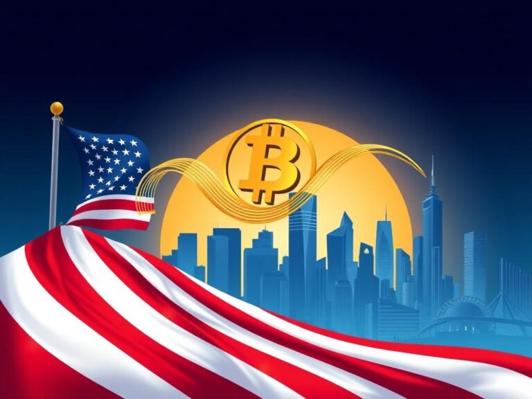 Flick International Illustration of unity between technology and governance featuring an American flag and Dogecoin logo