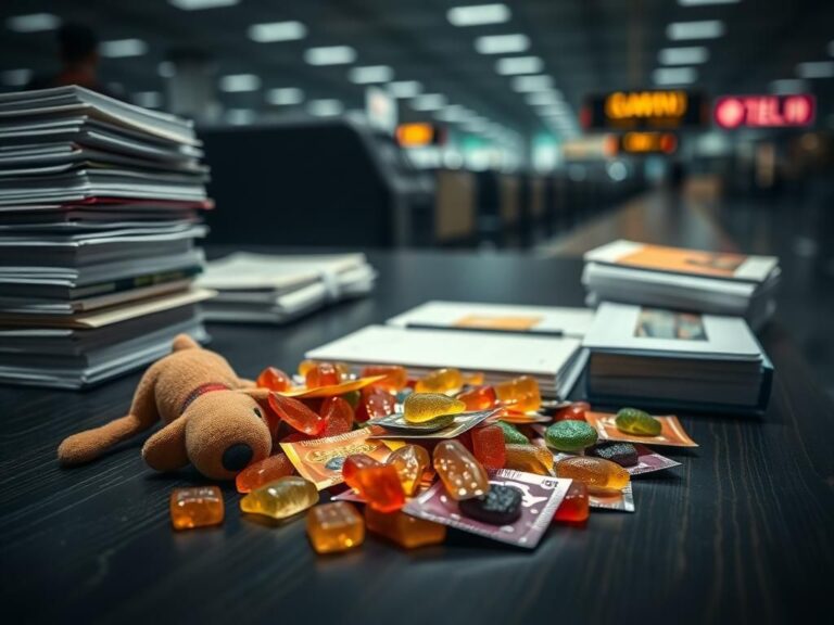 Flick International Close-up of cannabis-laced gummy packets on a dark wooden airport customs counter