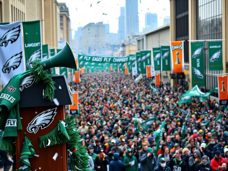 Flick International Philadelphia Eagles fans celebrating during Super Bowl parade with banners and confetti