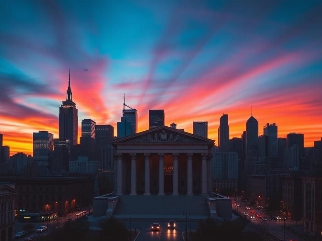 Flick International New York City skyline at dusk with the Empire State Building and One World Trade Center silhouetted