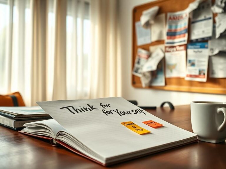 Flick International A serene desk scene with an open notebook displaying 'Think for Yourself' surrounded by colorful sticky notes.