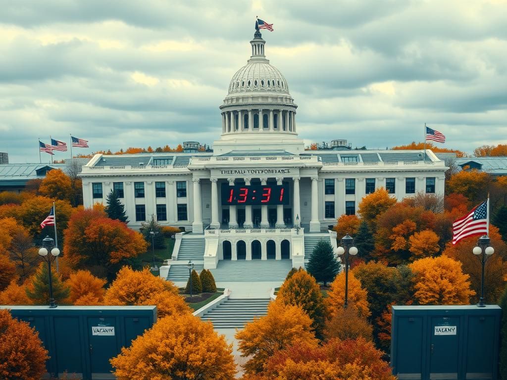 Flick International A high-angle view of a modern government office building with a large digital clock and closed doors marked 'Vacancy' amidst colorful autumn foliage