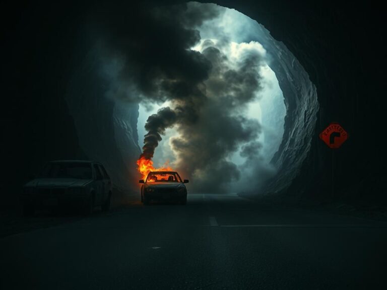 Flick International Dramatic scene of a fiery multi-car pileup inside Green River tunnel