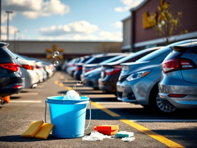 Flick International A vibrant Walmart parking lot scene with cars and cleaning supplies