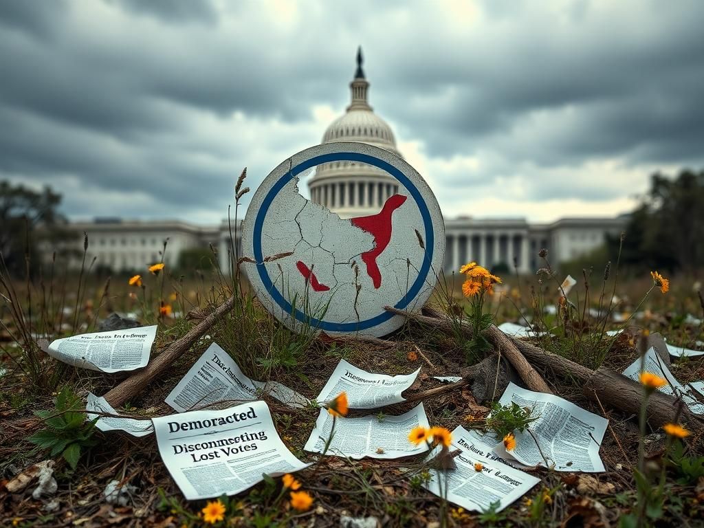 Flick International A large, cracked Democratic Party emblem surrounded by overgrown weeds and wildflowers, symbolizing a crumbling political landscape.