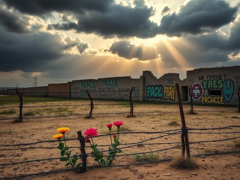 Flick International A stark landscape depicting barbed wire intertwining with flowers, symbolizing hope amidst conflict aftermath.