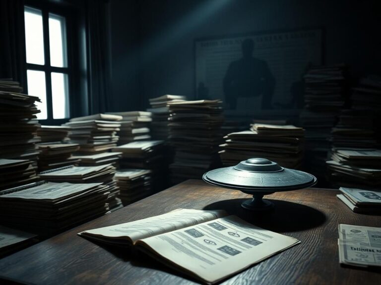 Flick International Dimly lit room with stacks of documents and a metallic UFO model on a table