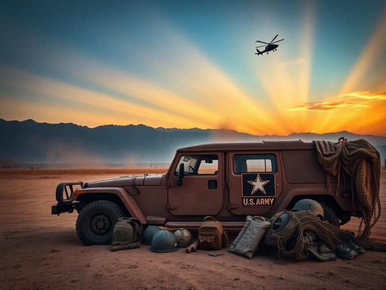 Flick International American military vehicle in rugged Afghan landscape at dusk