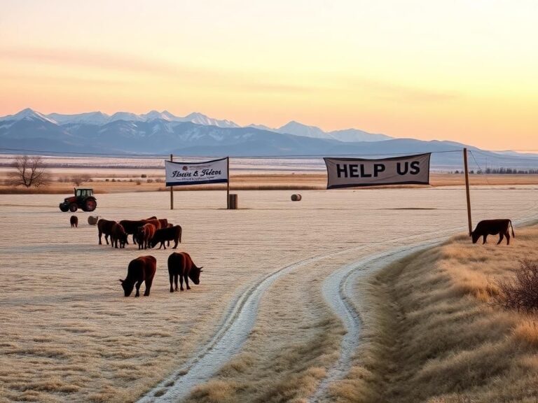 Flick International A frozen Colorado ranch landscape with grazing Corriente cows and distant mountains