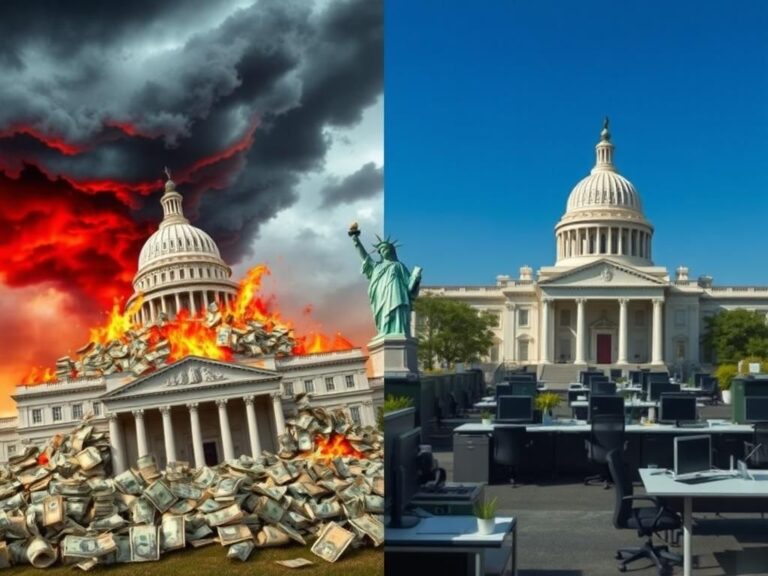 Flick International A split-screen image depicting contrasting government scenes, with chaos on the left and order on the right.