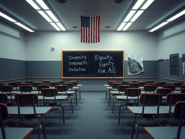 Flick International Empty classroom with rows of barren desks, illustrating educational policy tension