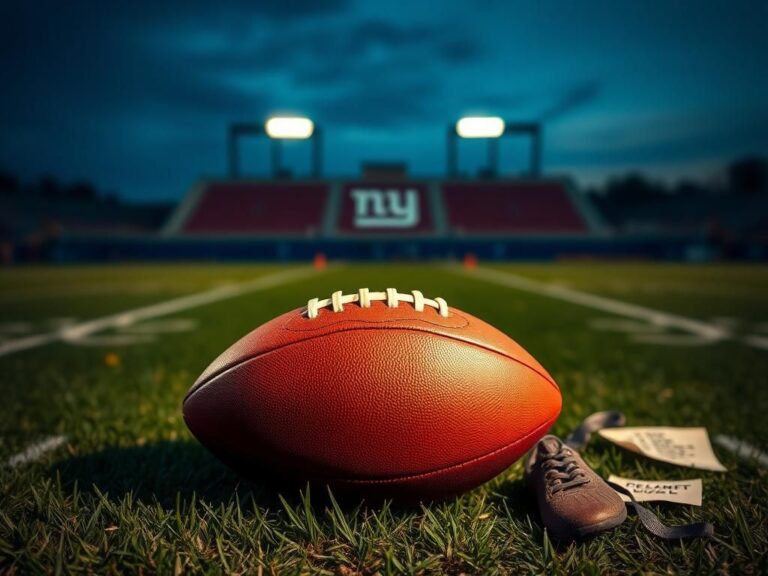 Flick International A well-worn leather football resting on grass illuminated by stadium lights