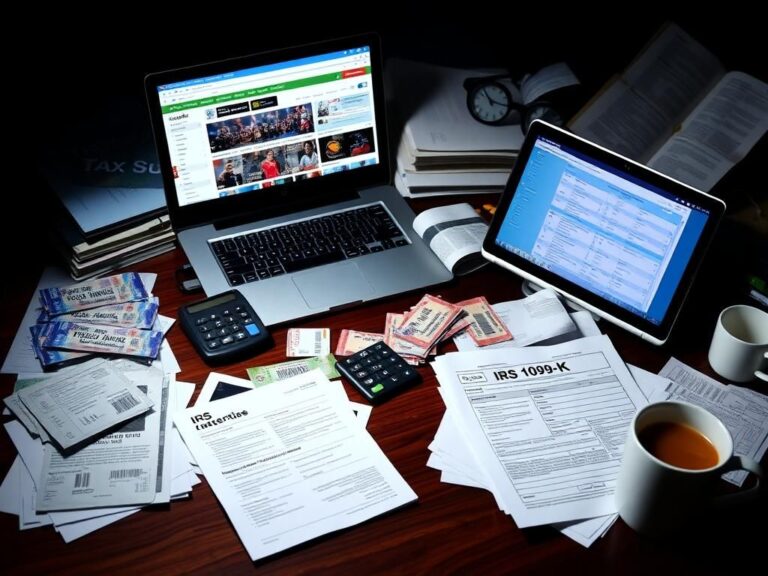 Flick International Cluttered desk with concert and sporting tickets, a laptop, and tax documents