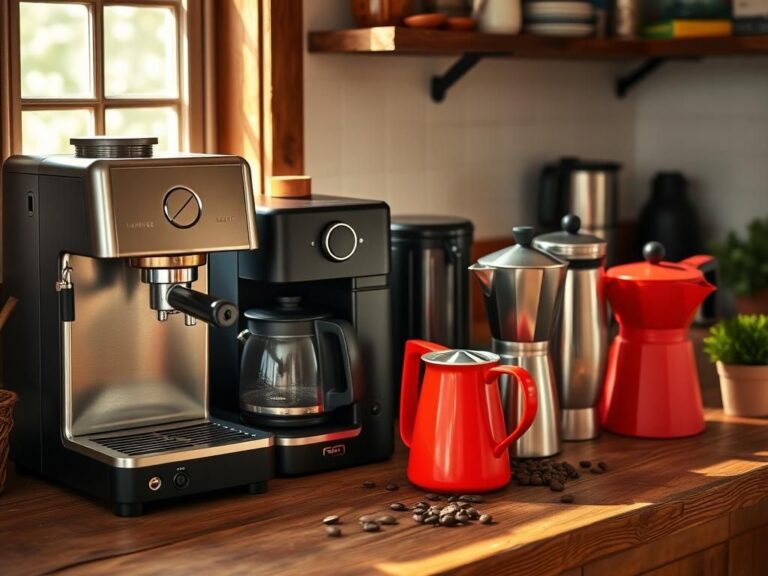 Flick International A cozy kitchen scene showcasing various coffee pots on a rustic wooden countertop