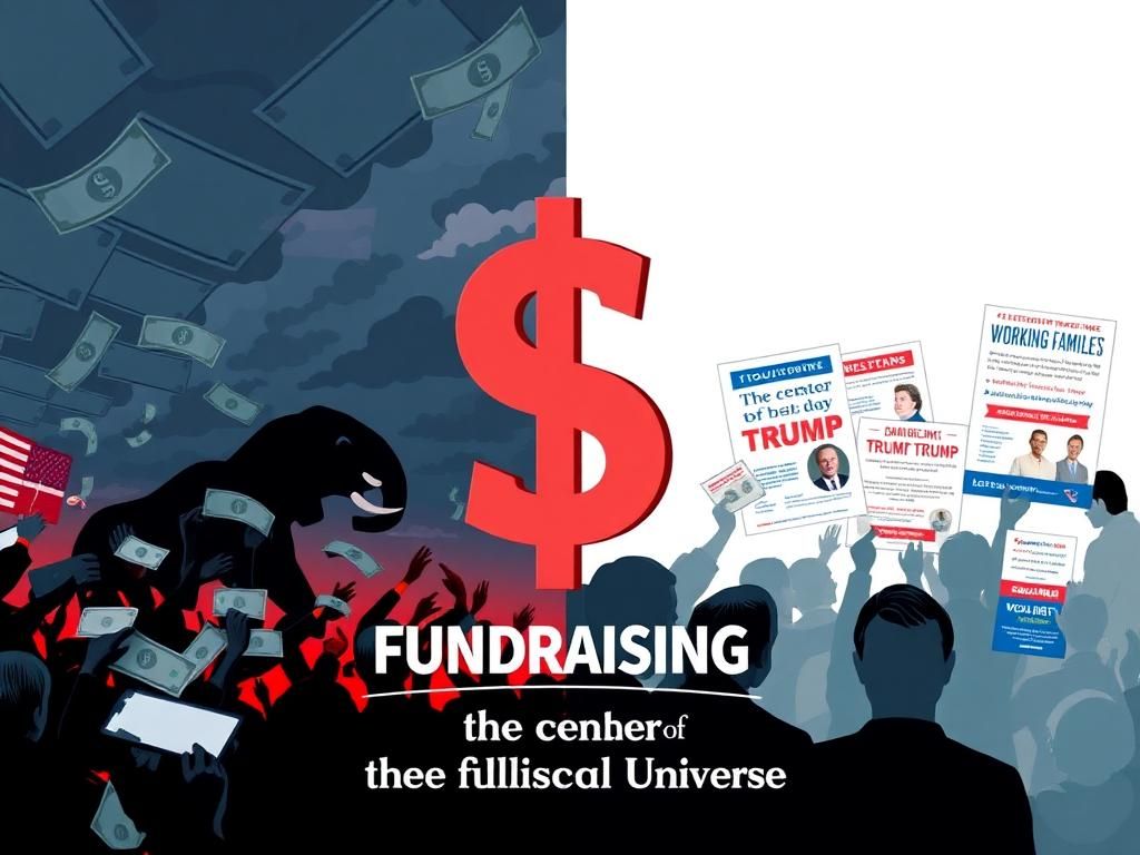 Flick International Split image showing contrasting Republican and Democratic political fundraising campaigns featuring symbols like elephants and donkeys.