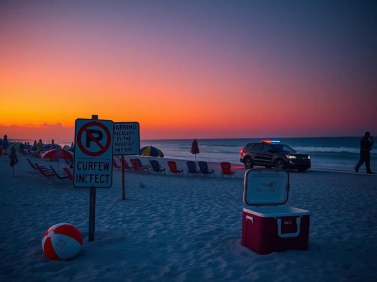 Flick International Vibrant Miami Beach scene at twilight with colorful beach chairs and a police car silhouette