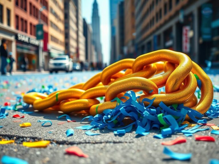 Flick International Close-up of an oversized Bud Light chain on the ground with confetti in a festive Philadelphia street