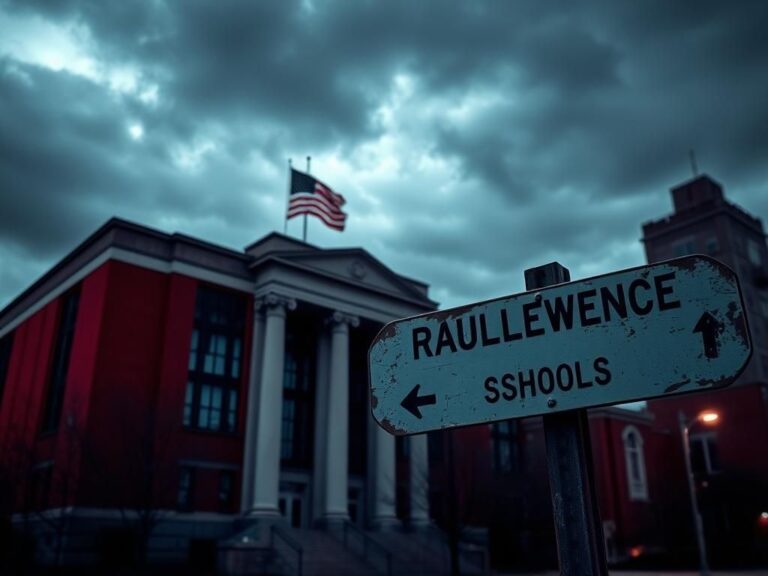 Flick International Dramatic urban scene of a government building in Indianapolis with a large American flag