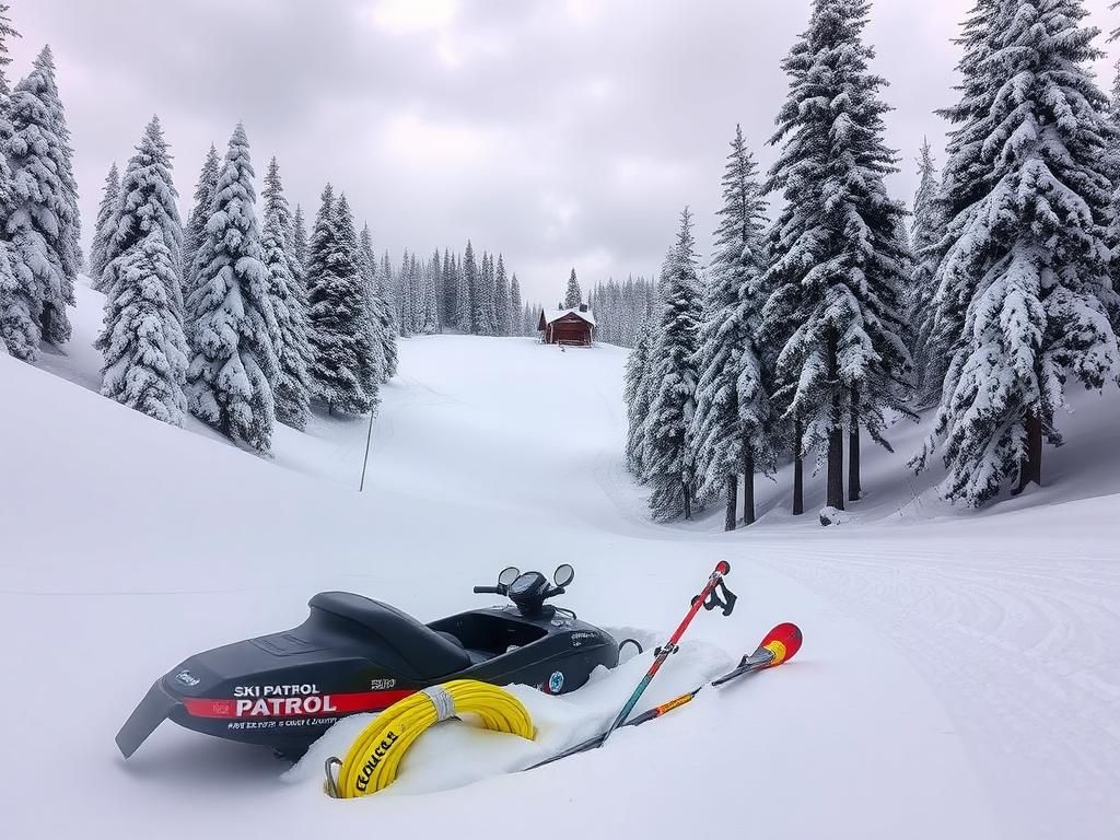 Flick International A snowy landscape in Aspen, Colorado with a ski patrol sled and abandoned ski equipment symbolizing an injury incident.