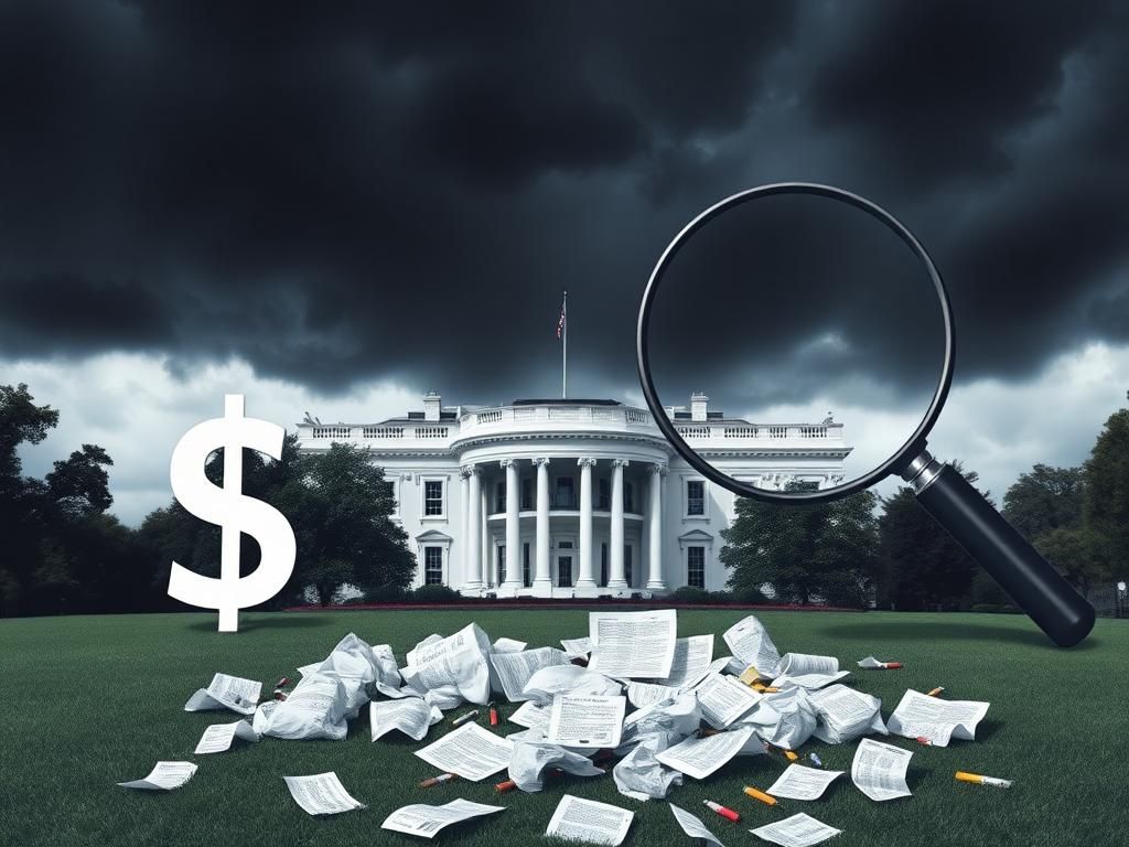 Flick International Ominous storm clouds loom over the White House with crossed-out dollar signs and crumpled documents.