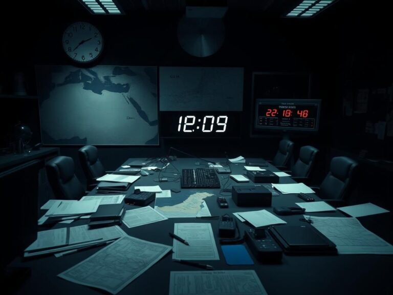 Flick International War room setup depicting a tense military command center with maps and documents