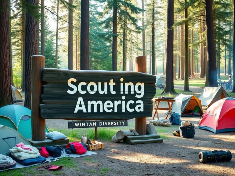 Flick International A serene camp setting showcasing a wooden sign for Scouting America amidst a diverse atmosphere