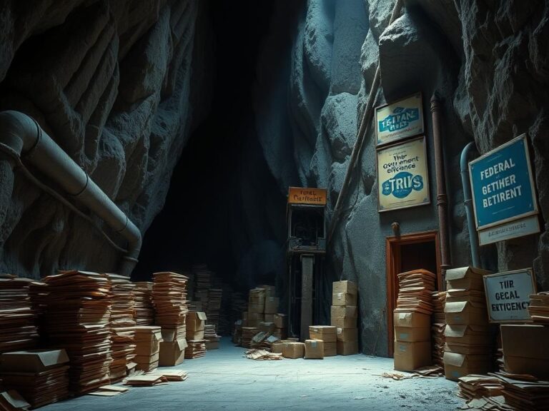 Flick International Dimly lit limestone mine with rusty shafts and cardboard boxes symbolizing bureaucratic inefficiency