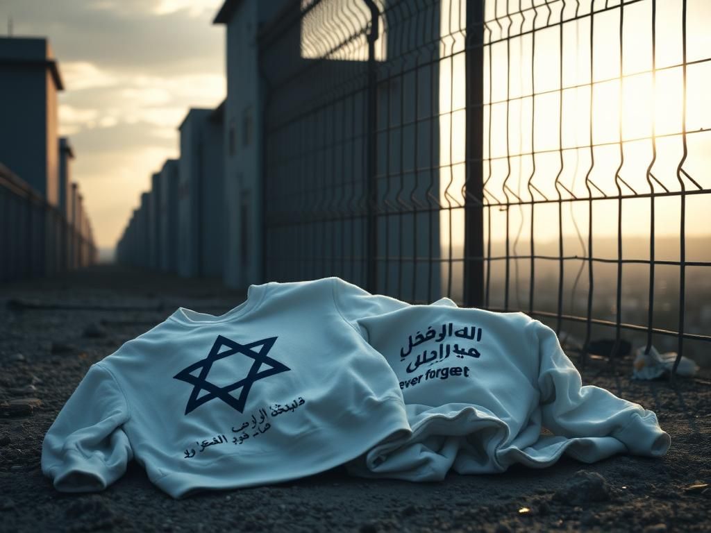 Flick International Somber depiction of an Israeli prison yard at dawn with discarded shirts symbolizing prisoner release