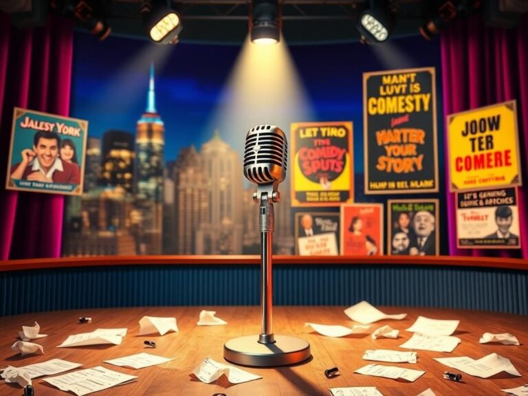 Flick International A vibrant stage setting with an empty spotlight on a vintage microphone, symbolizing classic late-night comedy.