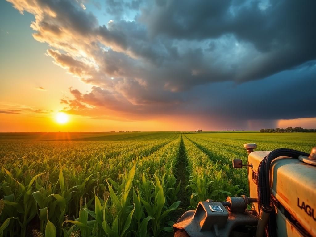 Flick International Serene South Dakota farmland scene at sunrise with lush green fields and a farmer's equipment