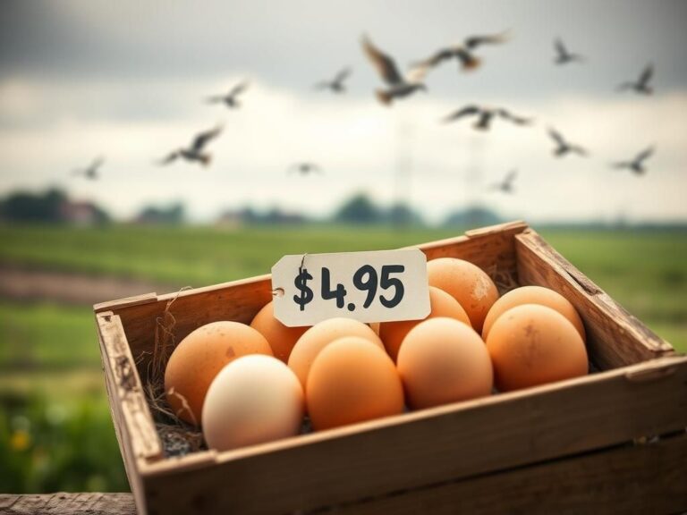 Flick International Close-up view of a dozen Grade A large eggs in a rustic wooden crate with a price tag of $4.95.