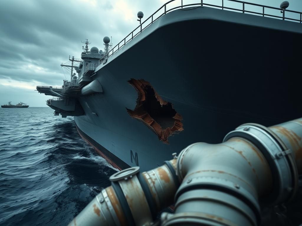 Flick International Close-up view of the USS Harry S. Truman showing significant collision damage on the starboard side