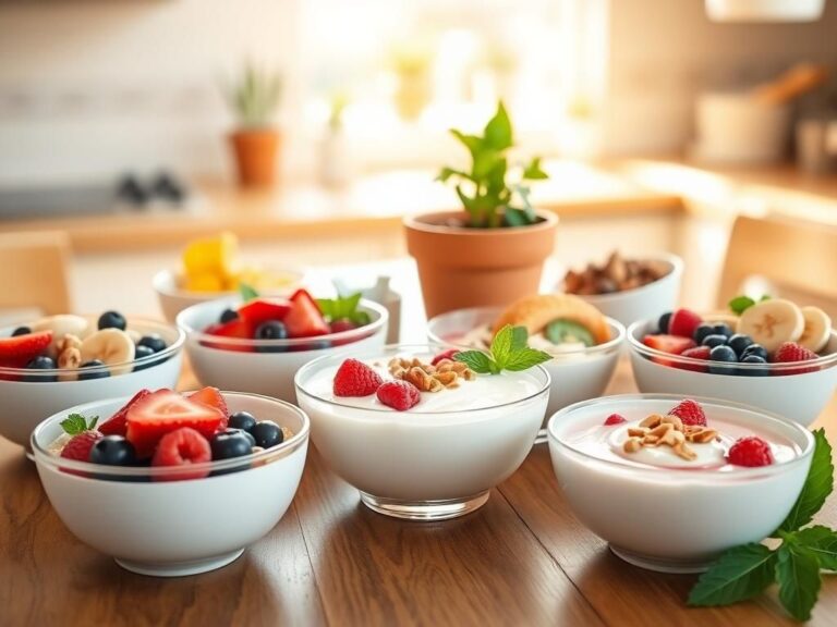 Flick International A vibrant breakfast scene featuring yogurt bowls with fruits and nuts