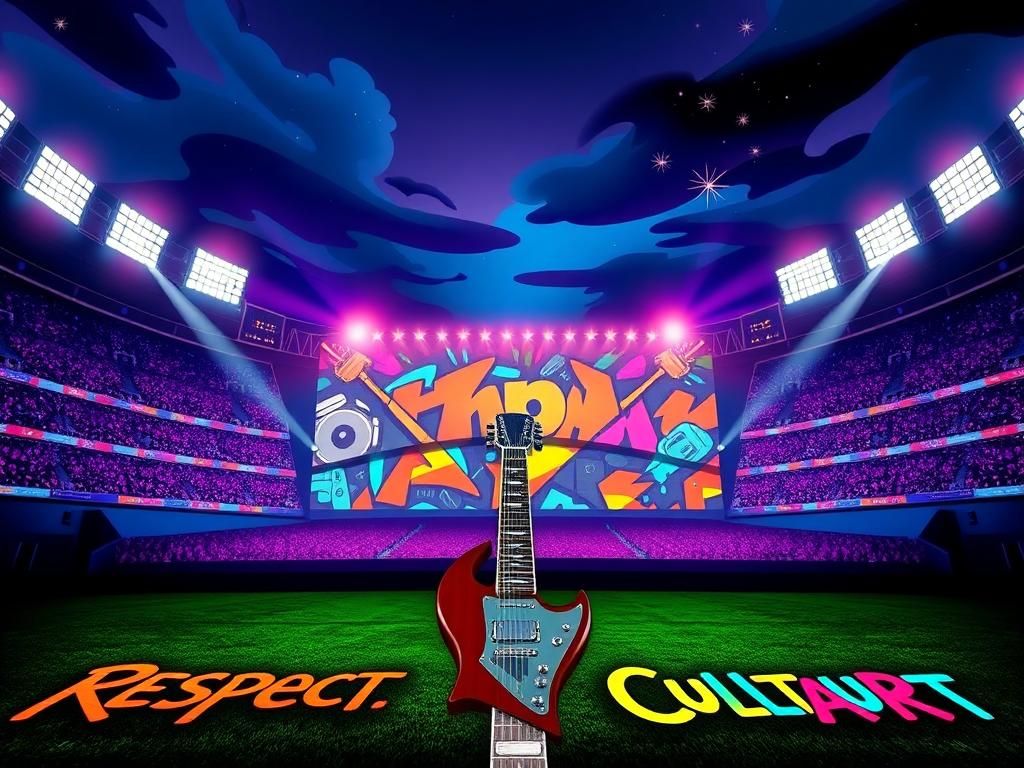 Flick International Stylized representation of a vibrant Super Bowl halftime performance stage