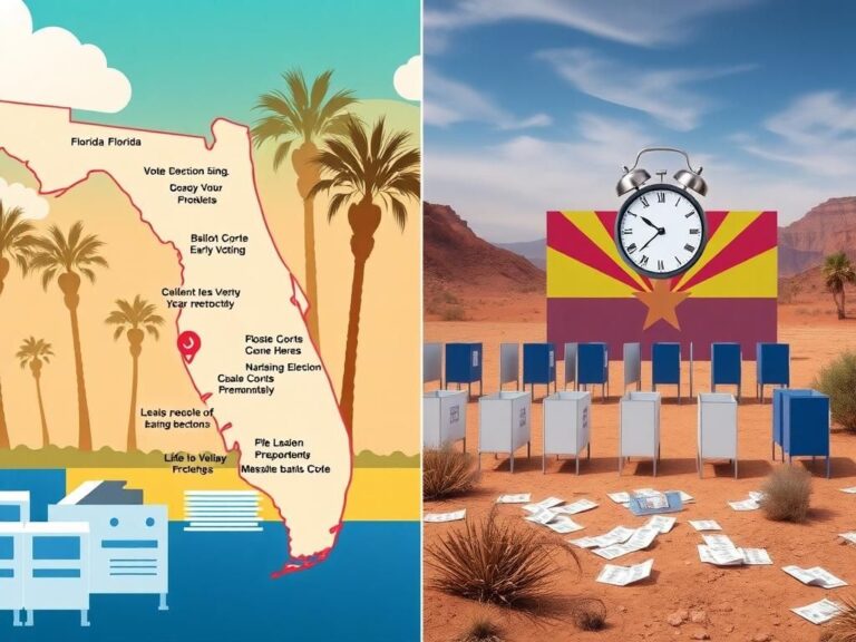 Flick International Split image showcasing Florida's transformation into an efficient election hub contrasted with Arizona's current election challenges