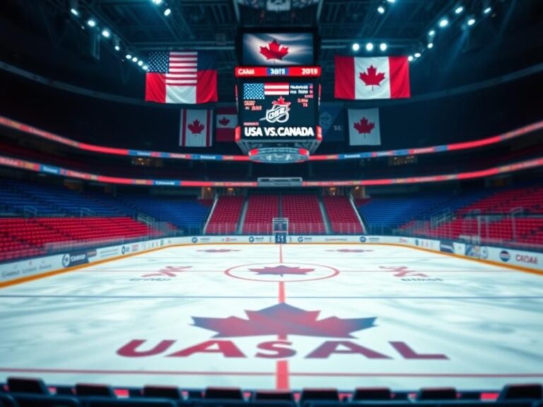 Flick International Dramatic hockey rink scene showcasing Team USA and Team Canada rivalry