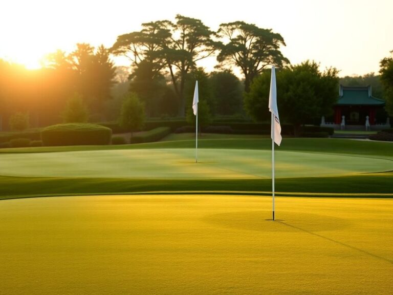 Flick International A serene early morning view of an empty golf course with a manicured green and a silhouette of a flag at hole seven.