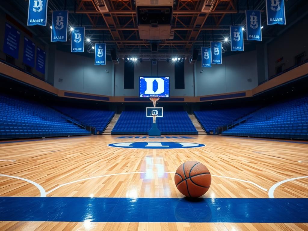 Flick International Empty basketball court at Duke University with a basketball sitting on the polished wooden floor