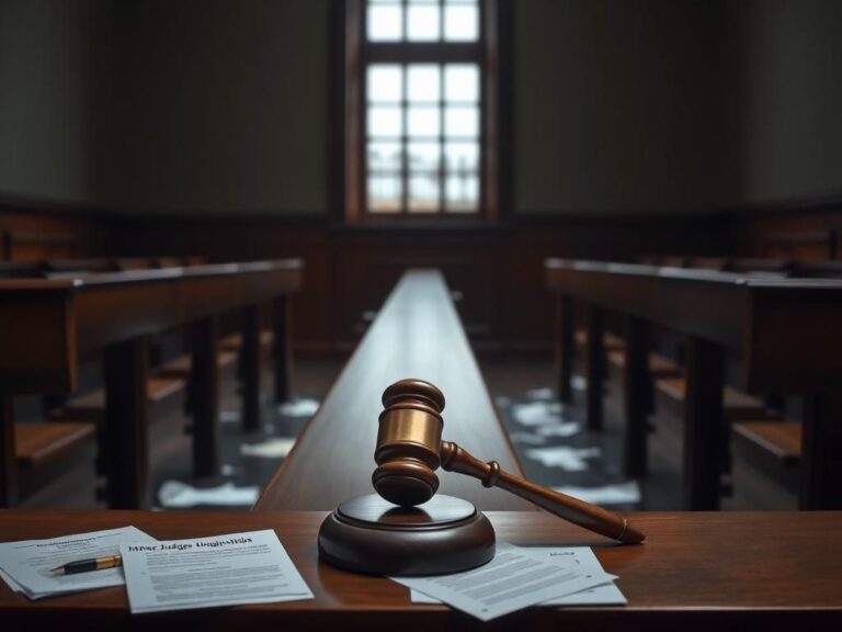 Flick International Darkened courtroom with empty benches and a judge's gavel depicted