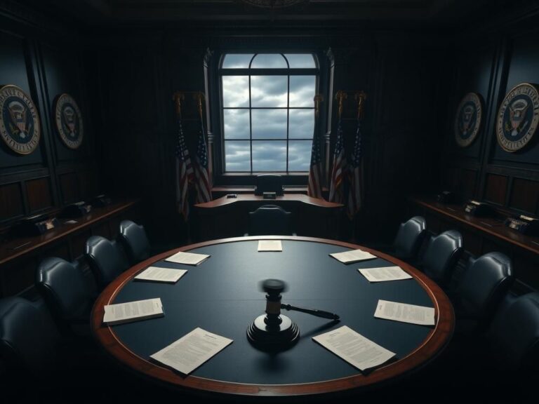 Flick International Overhead view of an empty Senate committee chamber adorned with documents and a gavel