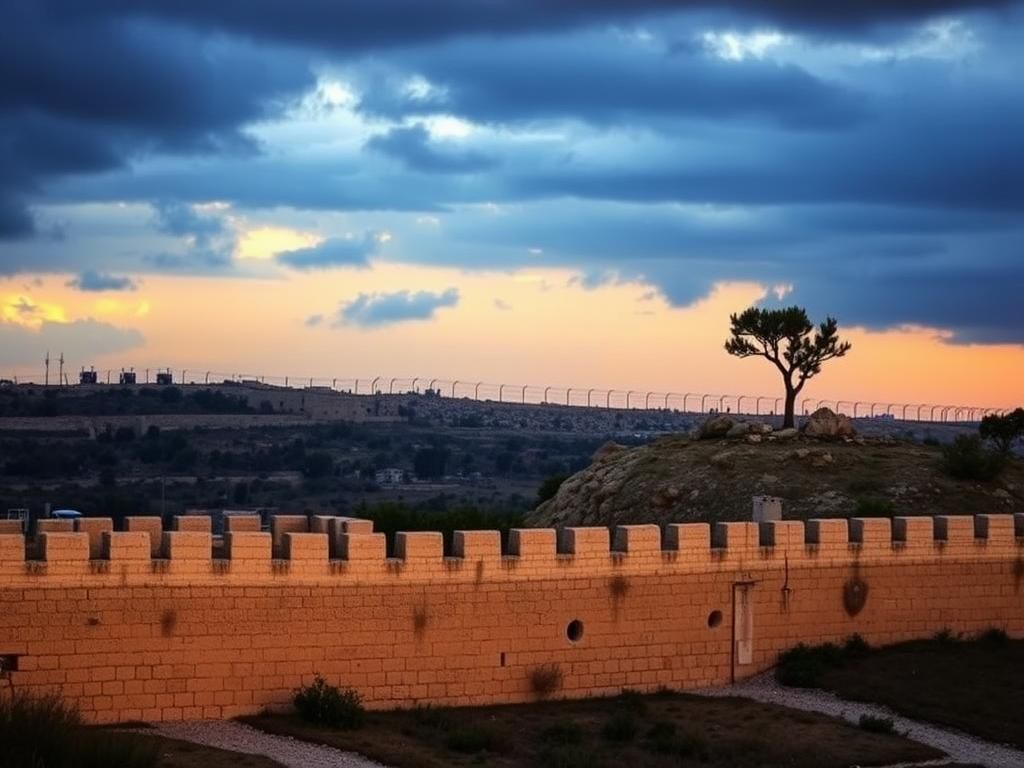 Flick International A panoramic view of the Israeli landscape featuring ancient stone walls at dusk