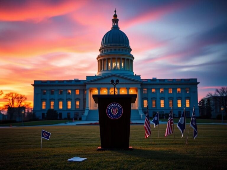 Flick International Modern Ohio state capitol building illuminated at twilight